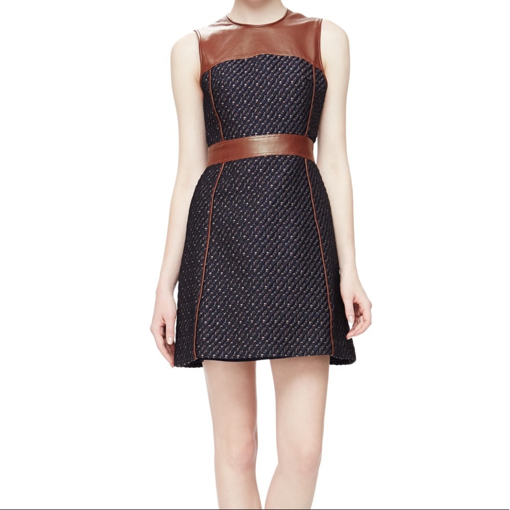 THEORY Calvino W. Heighten Mixed-Media Dress in Tweed and Leather - Picture 3 of 11